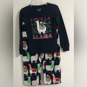 2PCS kid’s Christmas pajamas set TopFa La LLama graphic fleece pant blue.3T
